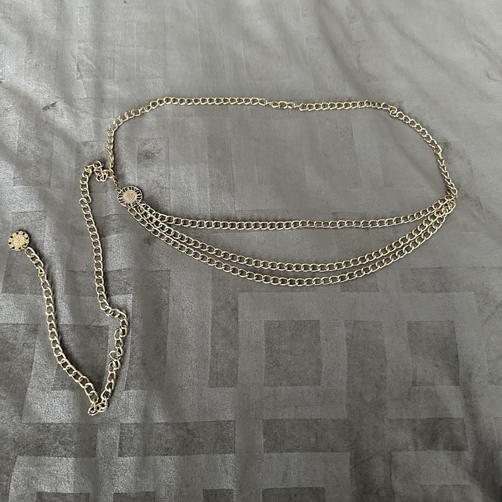 Layered Triple Strand Medallion Chain Belt One Size Gold Skinny Adjustable Boho
